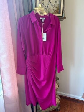 Cushnie Vibrant Magenta Long-Sleeve Draped Shirt Dress